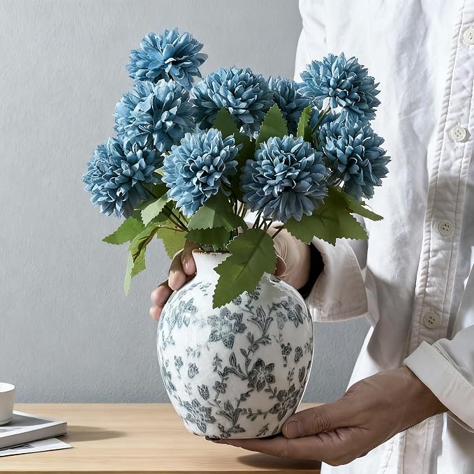 SIDUCAL Ceramic Vintage Vase, 5.83 Inch Retro Ice Cracked Chinoiserie Floral Vase, Rustic Farmhouse Vases for Home Decor, Bookshelf, Garden, Chinoiserie Decor, Tuscan Decor, Gray Floral Pattern
