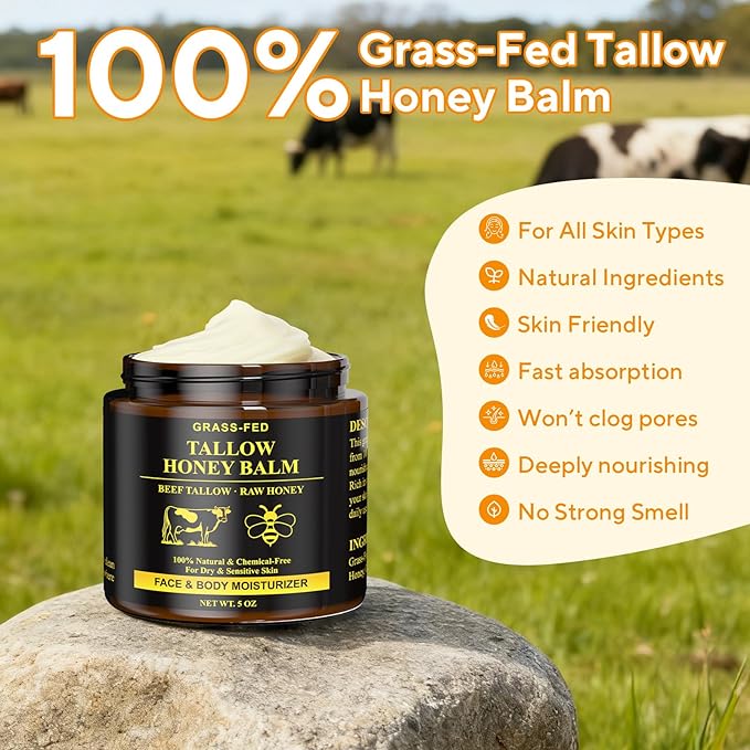 Beef Tallow for Skin, Tallow and Honey Balm, 5 oz Organic Grass-Fed Whipped Beef Tallow Cream, Deep Moisturizing Facial & Body Balm, 100% Natural Face Moisturizer for All Skin Types