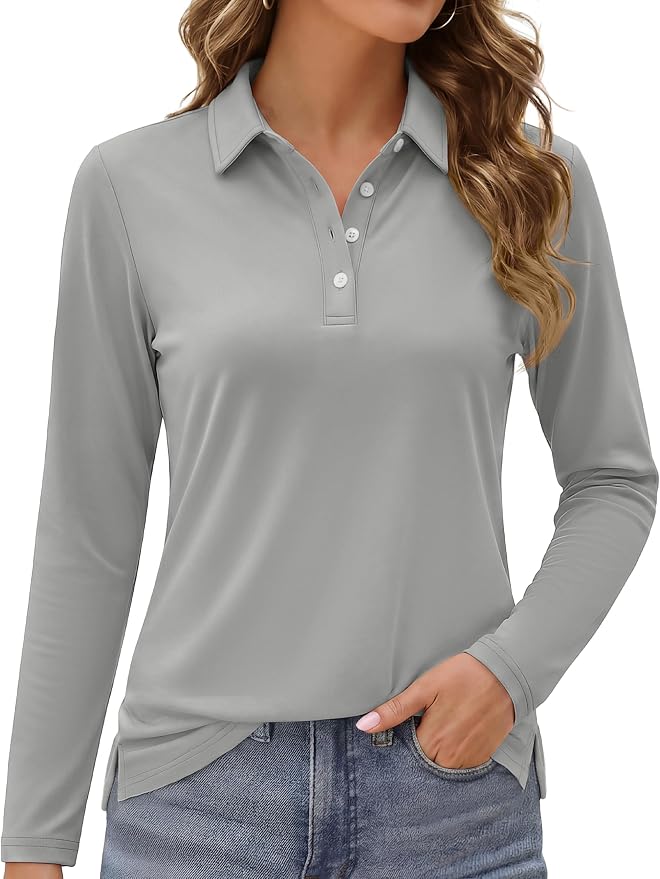 MAGCOMSEN Long Sleeve Polo Shirts for Women Golf Tops with Collar Work | UPF 50+ Sun Protection, 4 Buttons, Moisture Wicking, Breathable, 4-Way Stretch, Collared, Quick Dry, Active, Casual, Tennis