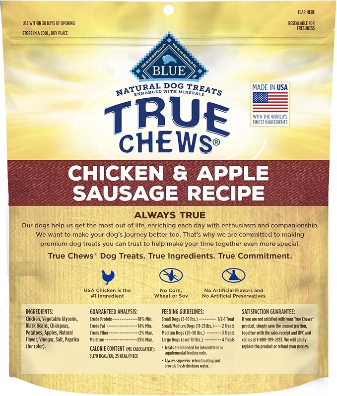 Blue Buffalo True Chews Dog Treats, Made in The USA with Natural Ingredients, Chicken and Apple Sausage Recipe, 12-oz Bag (Pack of 6)