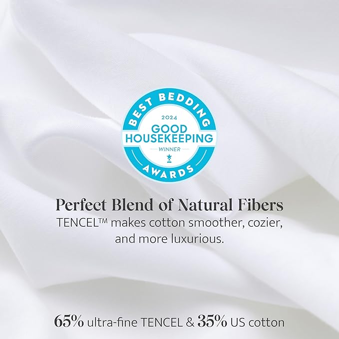 Double Stitch Cotton Tencel Sheet - Bed Sheets Set Queen Size, 4Pc Luxury Hotel Bedding Set, Soft, Cooling & Breathable for Hot Sleepers, Deep Pocket Up to 16 Inches, Bright White