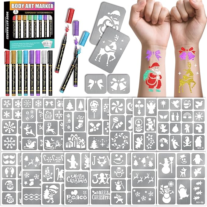 Christmas Temporary Tattoo Markers for Skin, 8 Metal Body Markers + 229 Temporary Tattoo Stencils for Kids Adult, Flexible Brush Tip, Bright Colors, Cosmetic-Grade Tattoo Ink for Girl Boy Party Favor