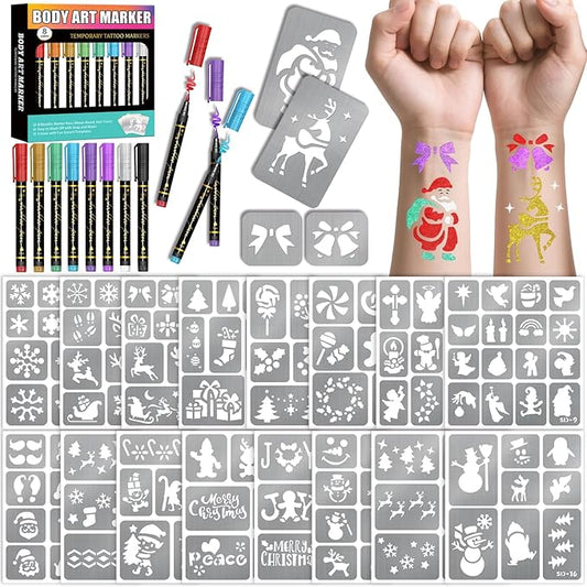 Christmas Temporary Tattoo Markers for Skin, 8 Metal Body Markers + 229 Temporary Tattoo Stencils for Kids Adult, Flexible Brush Tip, Bright Colors, Cosmetic-Grade Tattoo Ink for Girl Boy Party Favor