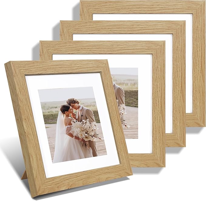 Hongkee 8x8 Picture Frames Set of 4, Made of Glass and Natural Oak Wooden Frame - Display Picture 6x6 with Mat or 8 x 8 Without Mat, 8 by 8 Photo for Wall or Tabletop