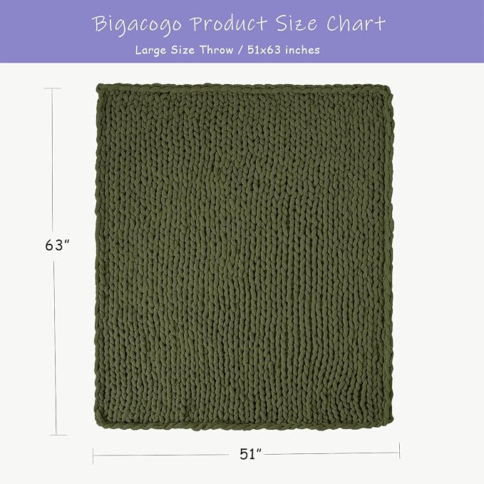 Bigacogo Chunky Knit Throw Blanket for Couch, 51x63 inches, Yellow Green | Hand Knit with Jumbo Chenille, Soft Breathable Cable Knit for Sofa Bed Living Room, Machine Washable, Gift for Mom Friend
