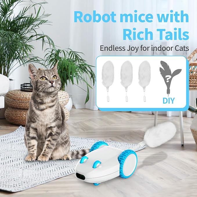 PETGEEK Automatic Cat Mouse Toys Interactive Cat Toys for Indoor Cats, Smart Sensing Moving Electric Cat Toys with Catnip Wand, USB Rechargeable Remote Control Squeaky Mouse Cat Toy, 3 Catnip Tails