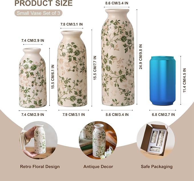 Teweiqi Vintage Vase Set of 3, Ceramic Flower Vases Chinoiserie Decor, Rustic Farmhouse Vases Retro Decorative Vases, for Home Living Room Kitchen Table Mantle Shelf Decor - Green and White