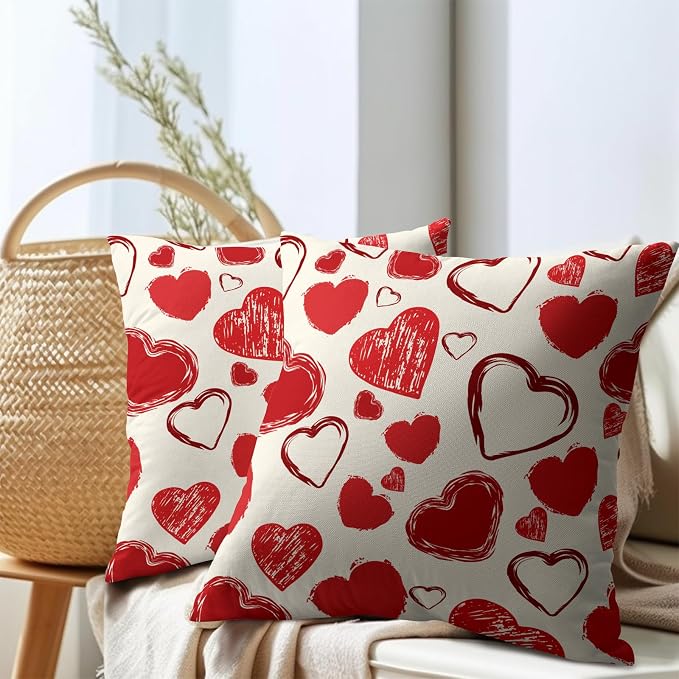 Kawani Red Love Hearts Pillow Covers 18x18 Inches, Set of 2 Valentines Day Romantic Wedding Bridal Decorative Pillowcases Cotton Linen Cushion Case for Couch Sofa Bed Room Home Decor