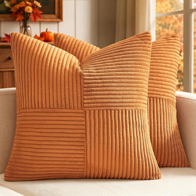 MIULEE Fall Burnt Decorative Euro Sham Pillow Covers 24x24 Inch 2 Pack | Boho Farmhouse Pillow Covers, Soft Cross Corduroy Patchwork Textured Cushion Cases For Couch Bed Sofa