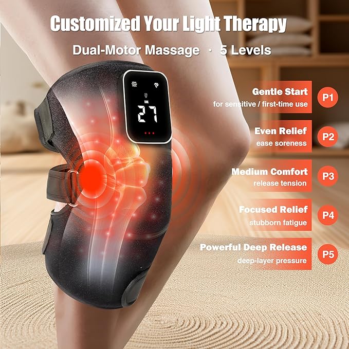 Red Light Therapy Vibration Knee Massager, Vibration & Heat - 5 Massage Zones, 660nm & 850nm Wavelengths, Rechargeable Heating Pad Knee Wrap, Gift for Men and Women