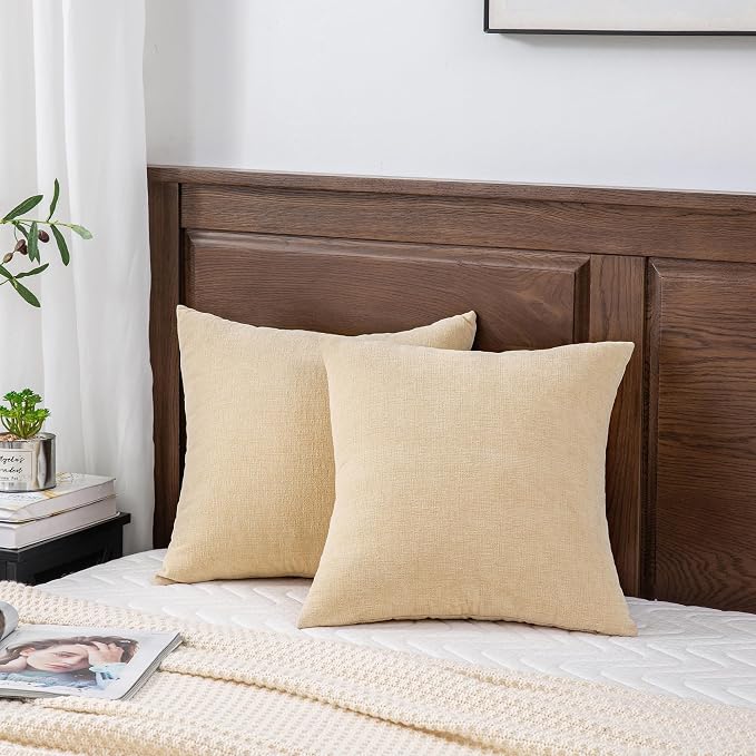 GAWAMAY Decorative Throw Pillow Covers 16x16 Inch Set of 2, Super Soft Chenille Square Pillows Farmhouse Fall Pillowcase for Living Room Bedroom Sofa Couch Cushion Cover Beige 40x40cm (No Insert) | Soft Chenille Farmhouse Style, Hidden Zipper, Neutral ...