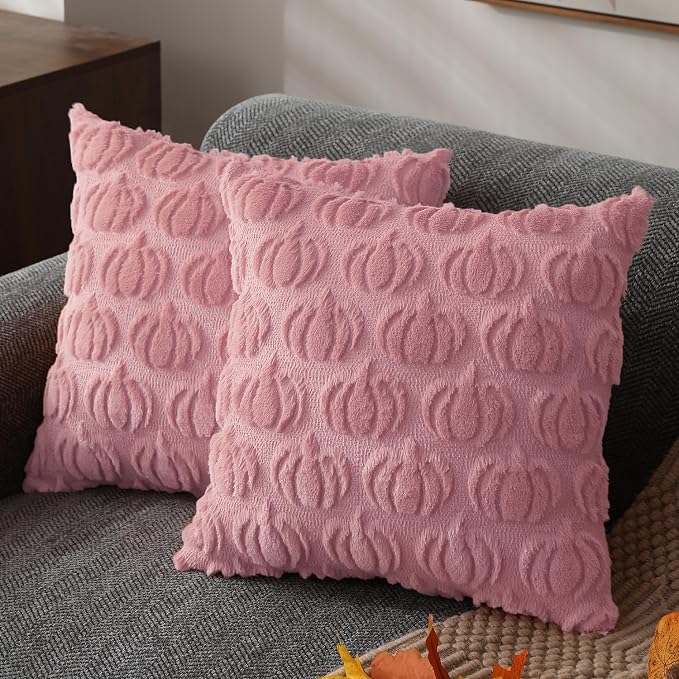 DFXSZ Fall Pillow Covers 18x18 2Pcs Pink Pumpkin Fall Decorations for Home | Fall decor Set of 2 Throw Pillow Cases Soft Plush Faux Fur Wool Couch Cushion for Chair Sofa Bedroom Living Room Home Decor