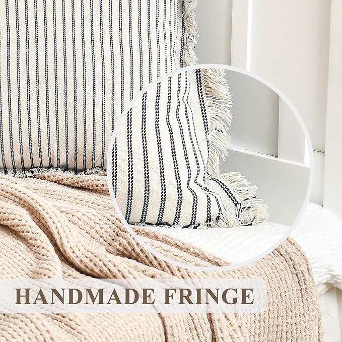 Throw Pillow Covers 12x20 Set of 2 Striped Pillow Covers with Fringe Chic Cotton Decorative Pillows Square Cushion Covers for Sofa Couch Bed Living Room Farmhouse Decor, (Burnt Orange)