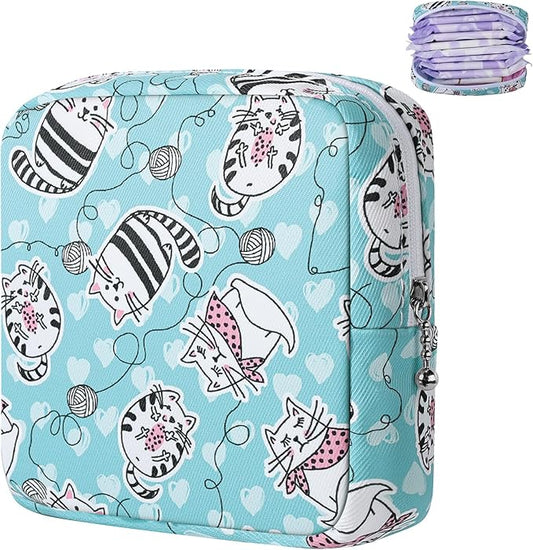 Likesing Period Bag Pouch, Canvas Sanitary Napkin Storage Bag for Girls Womens, Portable Sanitary Napkin Period Pad Pouch for Purse, Small Make Up Bags(Blue Cat N0461)