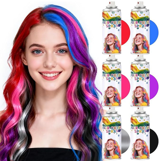 6 Pack Hair Spray,Purple red pink black blue and gray hair spray temporary for Women Kids Men, Washable Temporary,For Cosplay Christmas Party