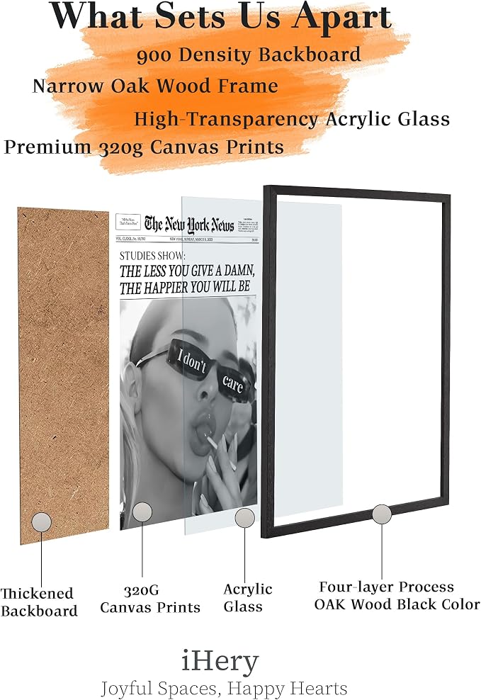 iHery 12x16in The Less You Give a Damn Framed Newspaper Wall Art | Premium Black OAK Wood Frame with Canvas Print, Vintage I Don't Care Decor for Bedroom, Dorm, Living Room and Bathroom, 1Pack