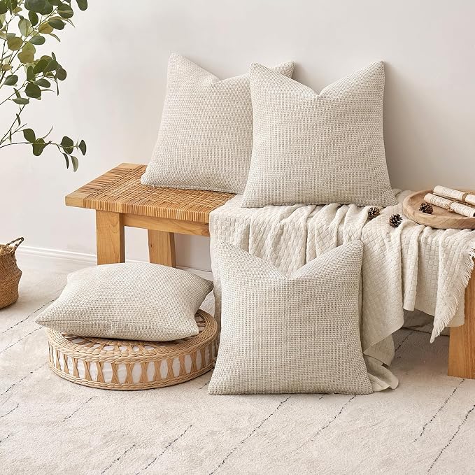 MIULEE Soft Decorative Chenille Pillow Covers Cream 16x16 Pack of 4 | Modern Home Decor, All Same Color Set, Couch Throw Pillows, Farmhouse Boho Cushion Covers for Sofa Bed Living Room