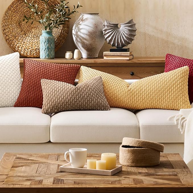 Kevin Textile Soft Corduroy 12"x24" Lumbar Pillow Cover 1 Pack, Gold | Boho Stripe Plush Corduroy Decorative Oblong Cushion Cover Modern Farmhouse Home Decor for Sofa Couch Bed Chair