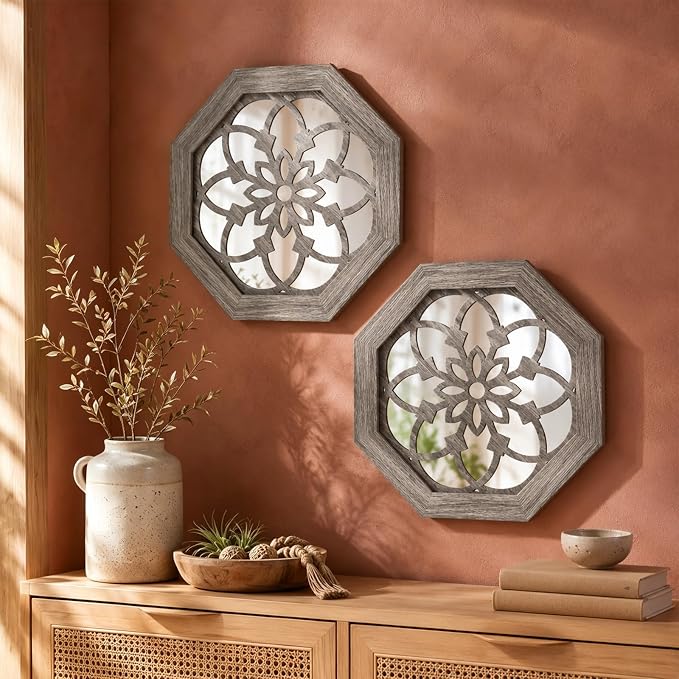 2 Pack 12 Inch Octagon Brown Rustic Wood Frame Acrylic Wall Mirrors, Farmhouse Boho Wall Art Decor for Living Room, Bedroom, Hallway, Entryway, Bathroom & Office