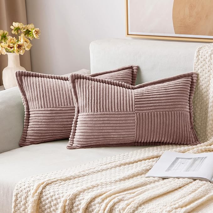 MIULEE Decorative Lumbar Throw Pillow Covers 12x20 Inch Blush Pink 2 Pack | Boho Broadside Striped Patchwork Pillow Covers, Soft Corduroy Cushion Cases, For Couch Sofa Bed Livingroom Home Decor