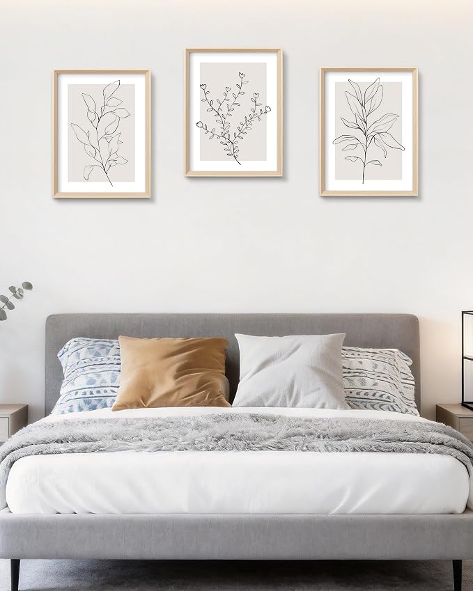 HesenDot Minimalist Botanical Framed Wall Art, Line Drawing Canvas Prints | 12x16IN Set of 3, High Framed Design Prints, Neutral Plant Artwork Wall Decor for Living Room Bedroom Bathroom Office