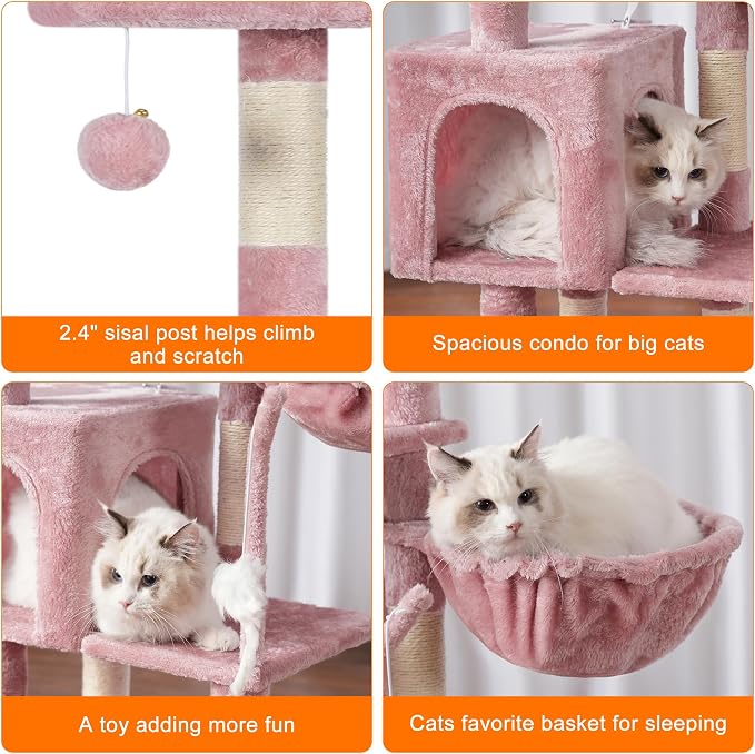Heybly Cat Tree with Toy, 43.3 inch Cat Tower condo for Indoor Cats, Cat House with Padded Plush Perch, Cozy Hammock and Sisal Scratching Posts, Skin Pink HCT004SP