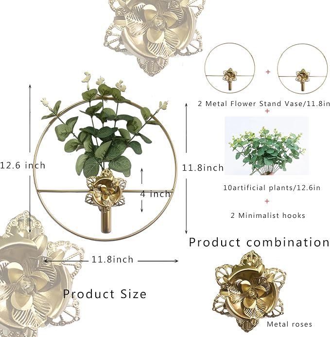 M-Dazzling Metal Plants Wall Hanging Decor; Metal Wall Hanging Vase; Living Room, Bedroom, Bathroom, Dining Room, Plant Mounted Decor (Golden Rose)