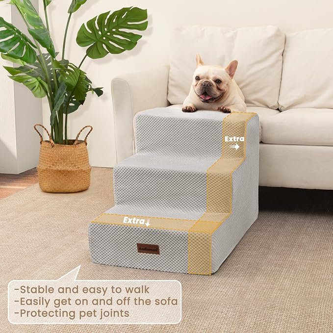 Aodisman Dog Stairs for Small Dogs,Wider 3-Step Pet Steps for Couch & Bed | High-Density Foam Dog Steps,Anti-Slip Bottom,Easy for Puppies,Older Cats & Dogs to Reach Sofas & Chairs,Light Grey,15.7" H