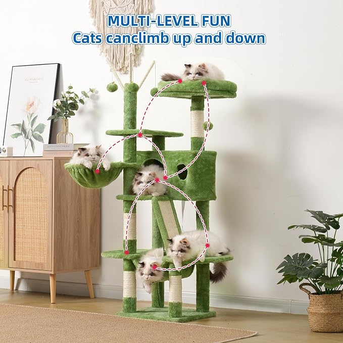 Hey-brother Cat Tree Tower with Padded Platform Bed, Hammock, MPJ019-SGR | 53 Inches Cat House with Large Cozy Condo, Toy Balls and Sisal Scratching Posts for Indoor Multi-Cats, Green