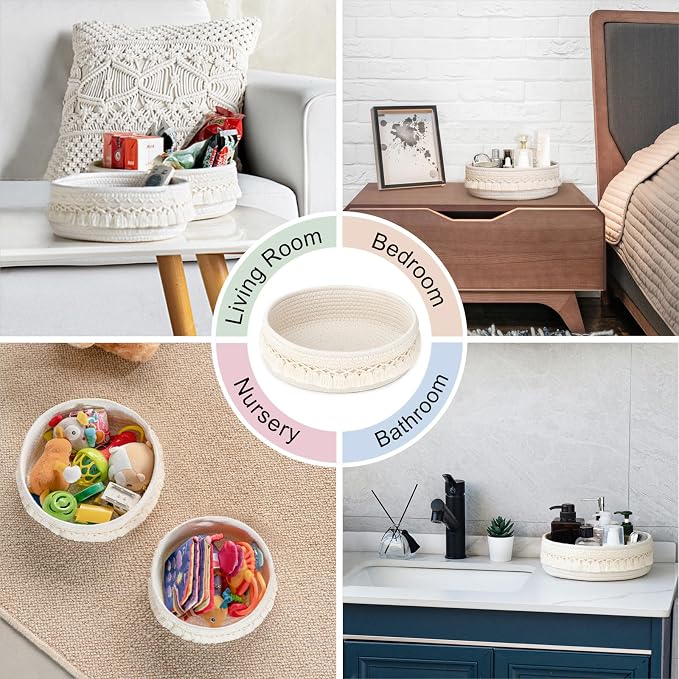 Mkono Makeup Perfume Organizer, Boho Decor Macrame Storage Basket, Ivory | Dorm Bedroom Decor, Hand-Woven Small Basket, Decorative Skincare Cosmetics Holder, Vanity Dresser Bathroom Office