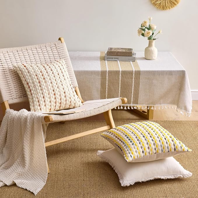 ANRODUO Boho Decorative Throw Pillow Covers Cream Rust 18x18 Inch Set of 2 | Chenille Tufted Pillow Covers, Woven Throw Pillow Covers with Raised Stripes, Neutral Pillowcase for Couch Sofa Living Room