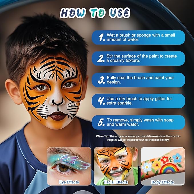 Professional Face Painting Kit for Kids – 42 Color Water-Activated Face Paint Makeup Palette with Stencils, Gems & Brushes – Non-Toxic Body Paint for Parties, Festivals, School Events & Carnival