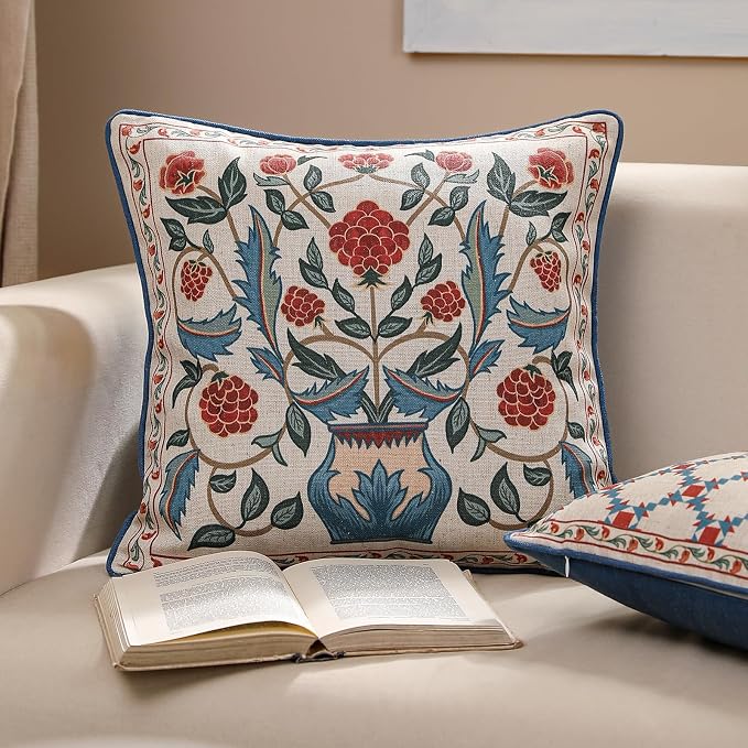 patdrea Designer French Vintage Linen Throw Pillow Cover,18"x18"-Puno B | Elegant Decorative Pillow Case with Zipper,Elegant Floral Pattern,Pillow Cover for Couch Living Room Bedroom Sofa