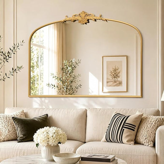Besdomus Antique Arched Gold Mirror: 55"x36" Extra Large Decorative Mirrors | French Vintage Baroque Ornate Metal Frame for Home Renovation - Ideal for Double Vanity/Entryway/Fireplace Mantel/Living Room