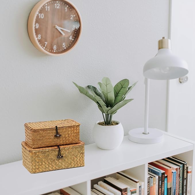 Set of 2 Wicker Basket with Lid, Seagrass Woven Basket for Storage | Decorative Storage Baskets Bins for Organizing Home, Shelf Storage Boxes, Rectangular Woven Design, Multipurpose Home Decor
