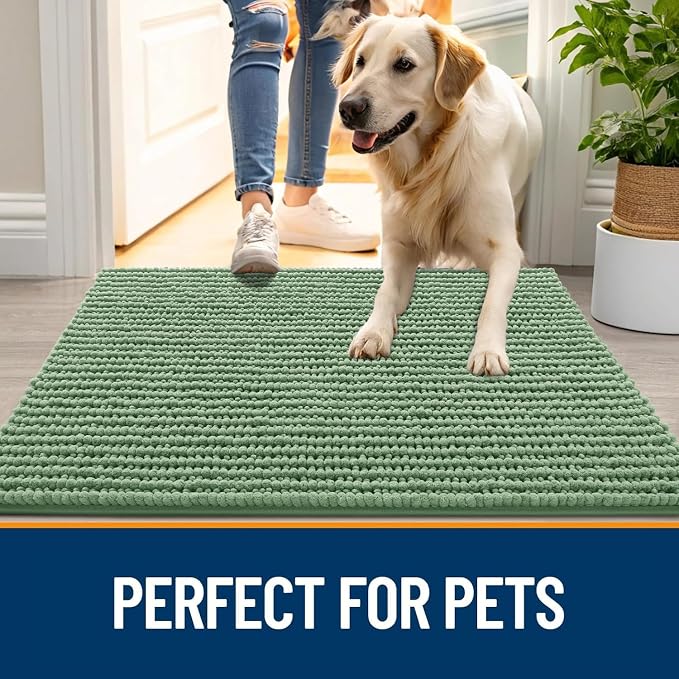 OLANLY Dog Door Mat for Muddy Paws 36x24, Extra Absorbent Chenille Mud Mat | Olive Green, Absorbs Moisture and Dirt, Non-Slip Machine Washable Doormat, Quick-Drying Indoor Entryway Floor Mat for Dogs