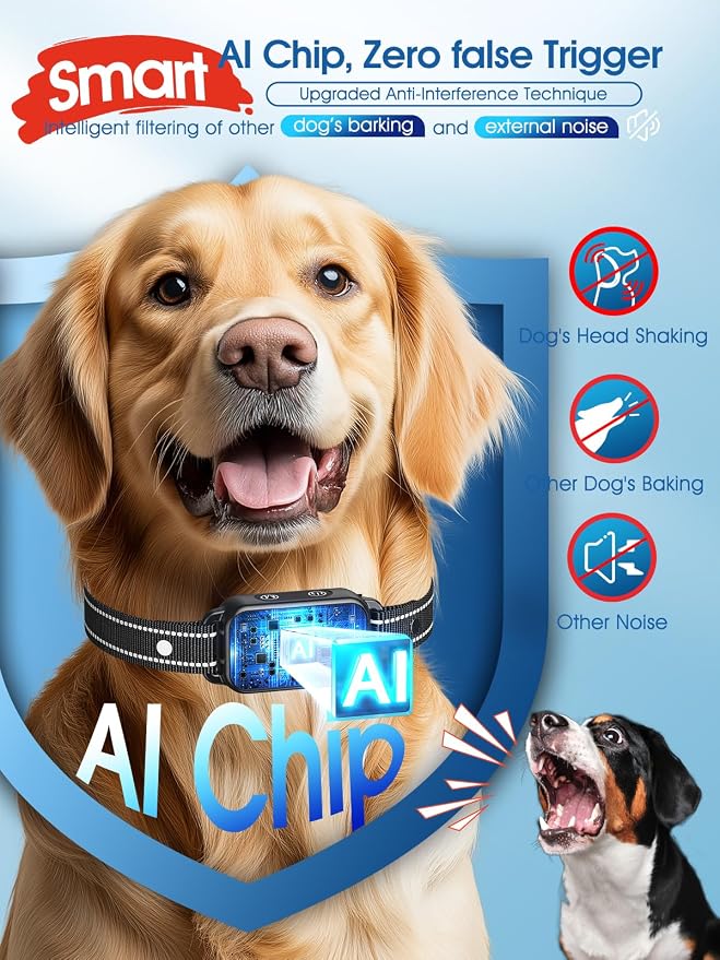 DINJOO Smart Bark Collar - Rechargeable Anti Barking Training Collar with 8 Adjustable Sensitivity, Beep & Shock (Dark Black) for Large, Medium & Small Dogs
