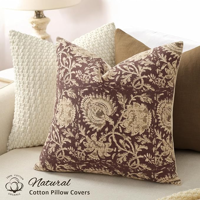 Vintage Floral Print Throw Pillow Covers 22x22 Set of 2 Neutral Modern Farmhouse Accent Decorative Cushion Covers Boho Home Decor for Couch Sofa Chair Bed Living Room, Oxblood