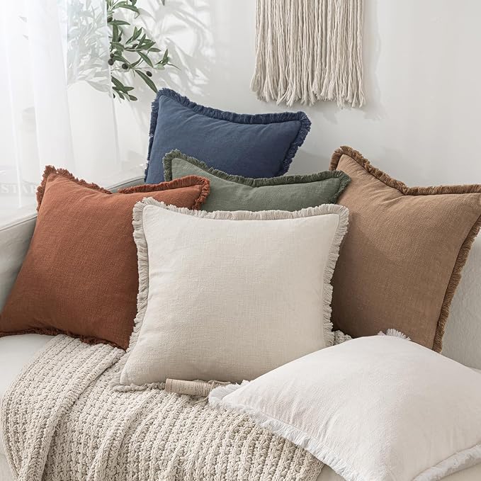 MIULEE Linen Decorative Lumbar Throw Pillow Covers Natural Beige 12x20 | Set of 2, Cottagecore Decor, Boho Farmhouse Neutral Pillow Covers, Rustic Fringe Couch Cushions for Sofa Bed Living Room