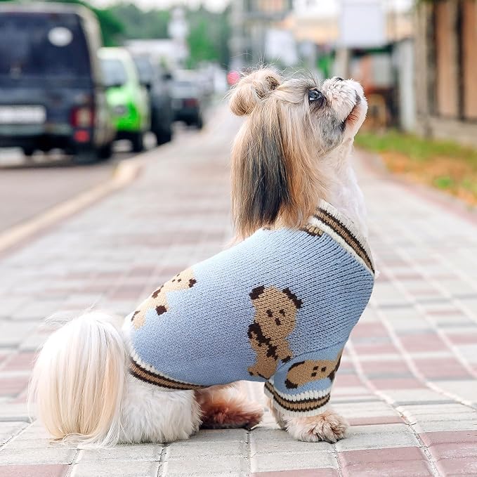 ABRRLO Small Dog Sweaters Cute Bear Dog Cardigans Clothes for Small Medium Dogs Boy Girl Puppy Cat Knitting Cardigan Outfits Dogs Winter Coats Warm Pet Doggy Clothes Soft Knitwear Apparel (Blue,XL)