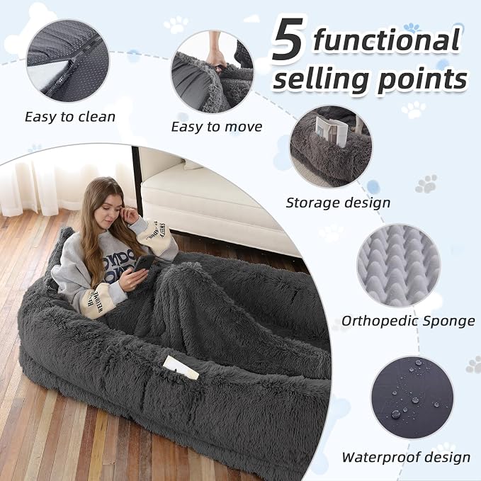 WROS Human Dog Bed for Adult, 71"x45"x12" Giant Calming Nest Bed, Dark Grey | Washable Soft Faux Fur Cover, Orthopedic Foam Support, Non-slip Bottom, Includes Blanket, Strap & Pillow