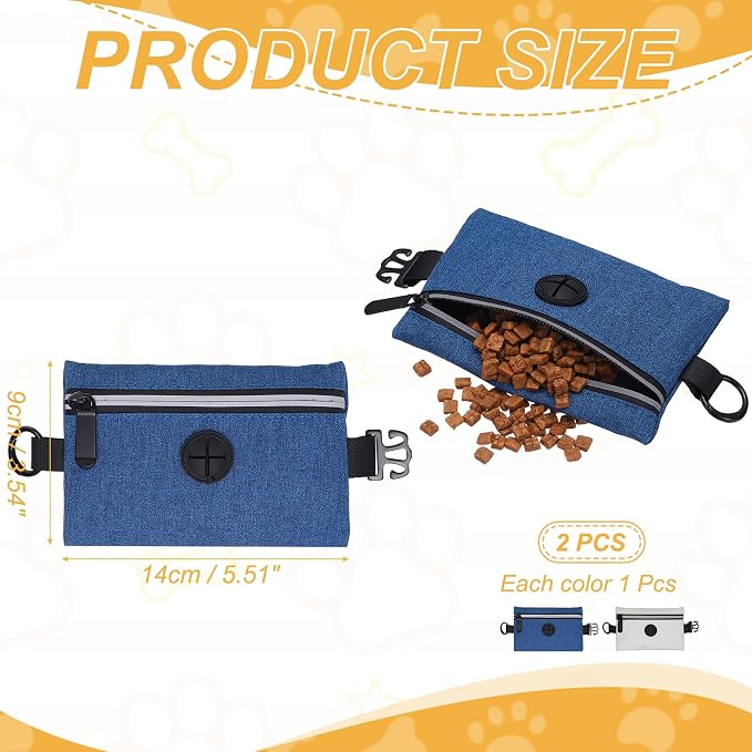 Dog Poop Bag Holder, Pet Waste Bag Dispenser Dog Treat Pouch with Zipper Oxford Cloth Portable Reusable Easy Cleanup(2Pcs, Gray/Navy Blue), Intended for Outdoor/Travel/Walking