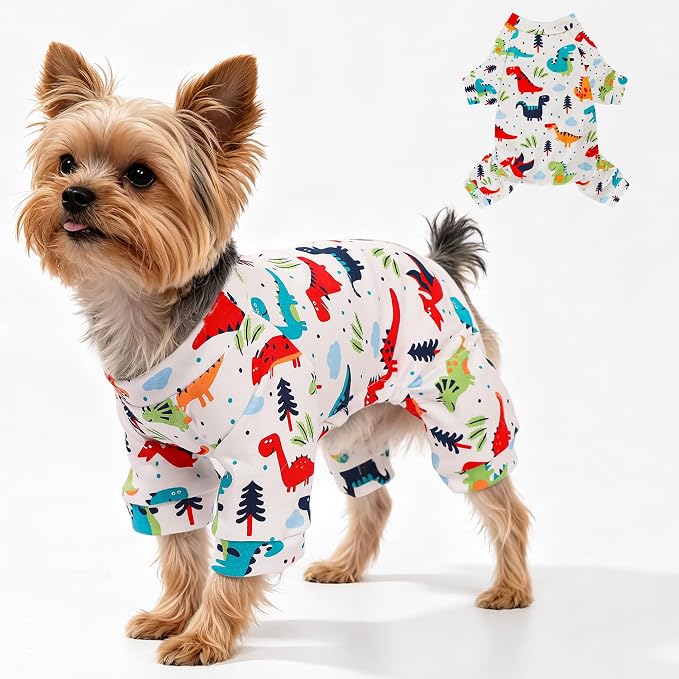 Dog Pajamas Comfy Dog Clothes for Small Dogs, 100% Cotton Dog Pjs Stretchy Breathable, Comfy Soft Pet Onesie Designed for Extra Small Sized Dogs Boy Girl Pet Jammies Outfits (Dinosaurs, Large)
