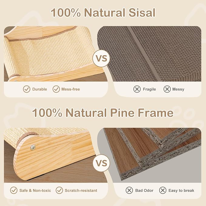 100% Sisal Large Cat Scratcher Bed, Comfy Chaise Lounge for Cats | Rest/Scratch/Play, Protects Furniture, Durable, Horizontal, No-Mess