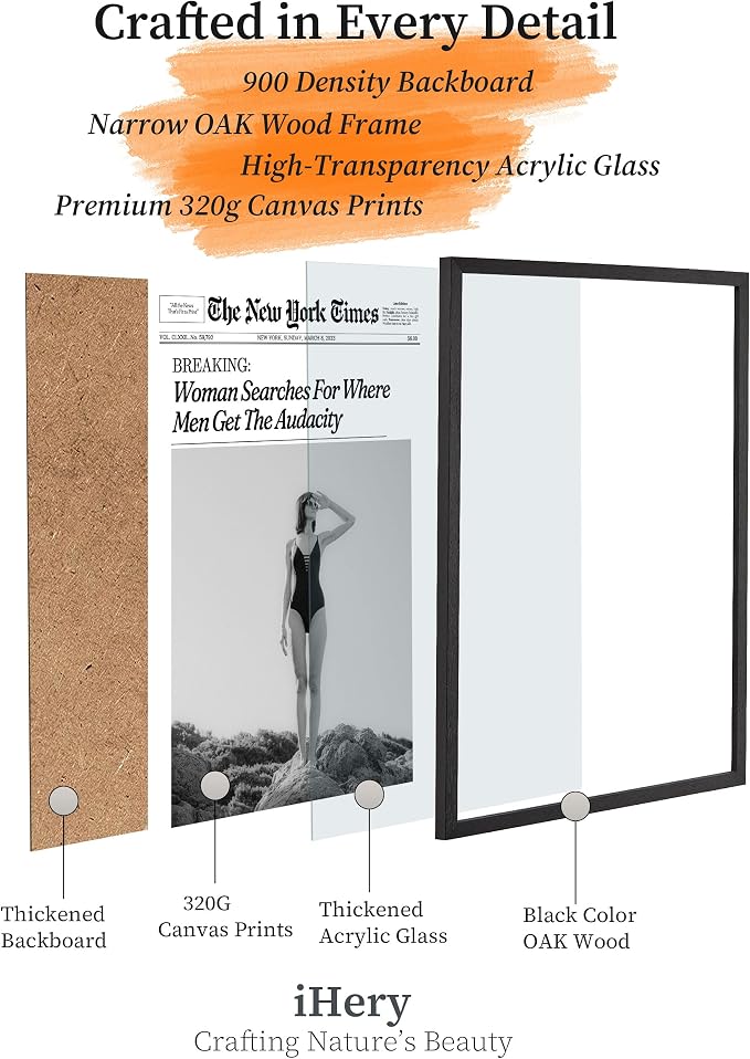 iHery 8x10in Where Men Get the Audacity Framed Newspaper Wall Art | Black Natural OAK Wood Frame with Canvas Print, Funny Magazine Decor for Bathroom Bedroom Girl Dorm Living Room, 1Pack