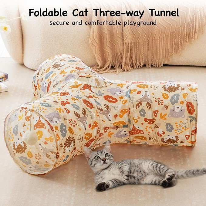 Tempcore Cat Tunnel, 3-Way Collapsible Toy for Indoor Cats, Beige Deer