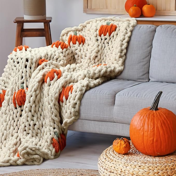Fall Pumpkin Chunky Knit Throw Blanket 50" x 60",Beige | Large Handmade Chenille Loop Yarn Fluffy, Soft Knitted Throw, Big Cozy Thick Cable Knit Crochet Blanket, for Couch Sofa Bed