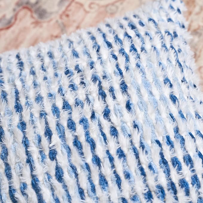Aeckself Boho Chenille Tufted Pillow Cover 20x20 Inch, Decorative Square Throw Pillow Cover Neutral Pillowcase for Couch Bedroom Living Room, Blue White