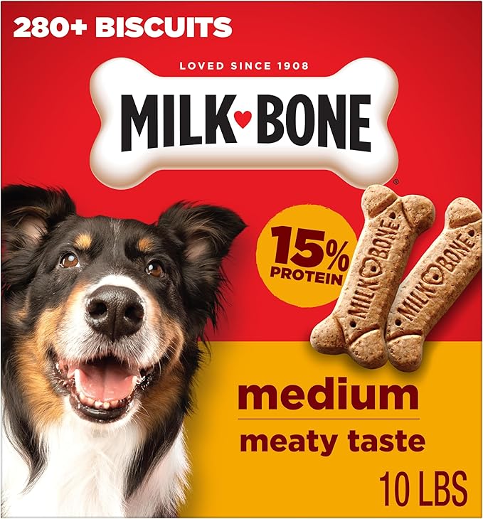Milk-Bone Original Medium Dog Biscuits, 10 lb Box | 280+ treats, classic meaty taste, crunchy dog treats for dogs 20-50lbs, 15% protein, 12 vitamins & minerals, made in the USA