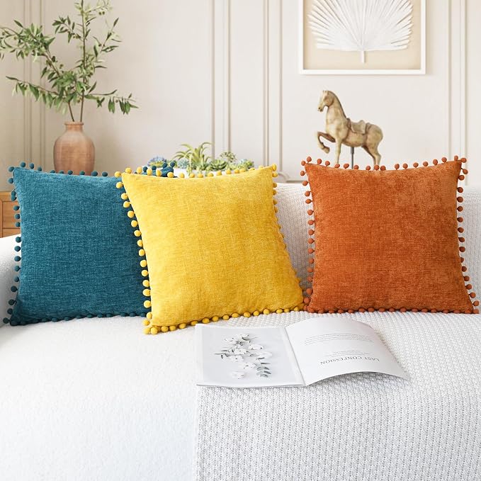 CaliTime Decorative Couch Throw Pillow Covers 16 X 16 Inches Ocean Blue | Pack of 2, Cozy Chenille Cushion Cases, with Pom Poms for Sofa Bed Living Room Farmhouse Home